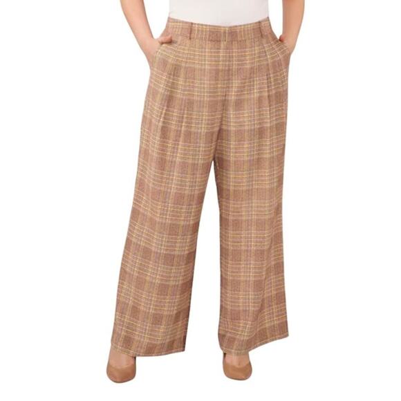 Vince Camuto Pants High Rise Wide Leg Pleated Front Birch Plaid Brown Size 20W - Picture 1 of 8